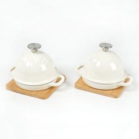 HAWOK Enameled Cast Iron Garlic Roaster with Bamboo Tray, 5-Inch, BBQ Grill Garlic Baker, Mini Cocotte, Set of 2, Oyster White